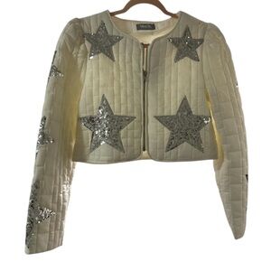 Chic Cream Bomber Jacket with Silver Star Accents